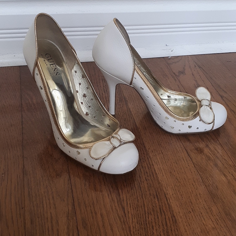 Guess Gold and White Heels Elegant Formal Footwear